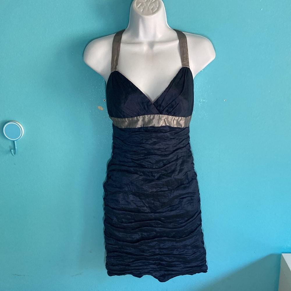 BCBG Size S Navy Blue Metallic Crinkle Strappy Mini Dress Lined Rear Zip